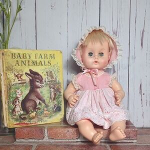 Vintage Ginny Baby Vogue Doll Pink Dress‎ Eyelet Lace Bonnet 1960's Sleepy Drink